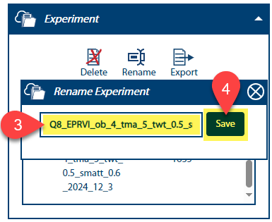 Image of the Experiment Rename pop-up showing clicks 3 and 4 to rename an experiment.