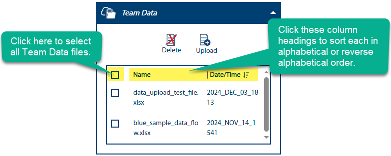 Image of the expanded Team Data maintenance blue bar dropdown.