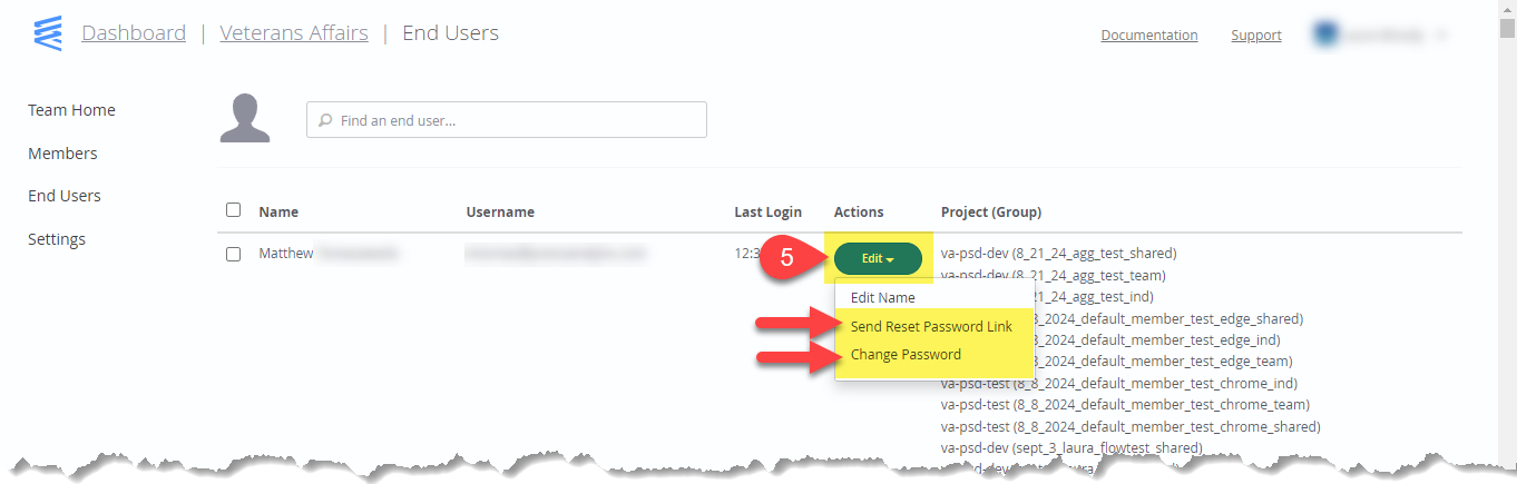 Image of end user edit dropdown, with password reset options highlighted.