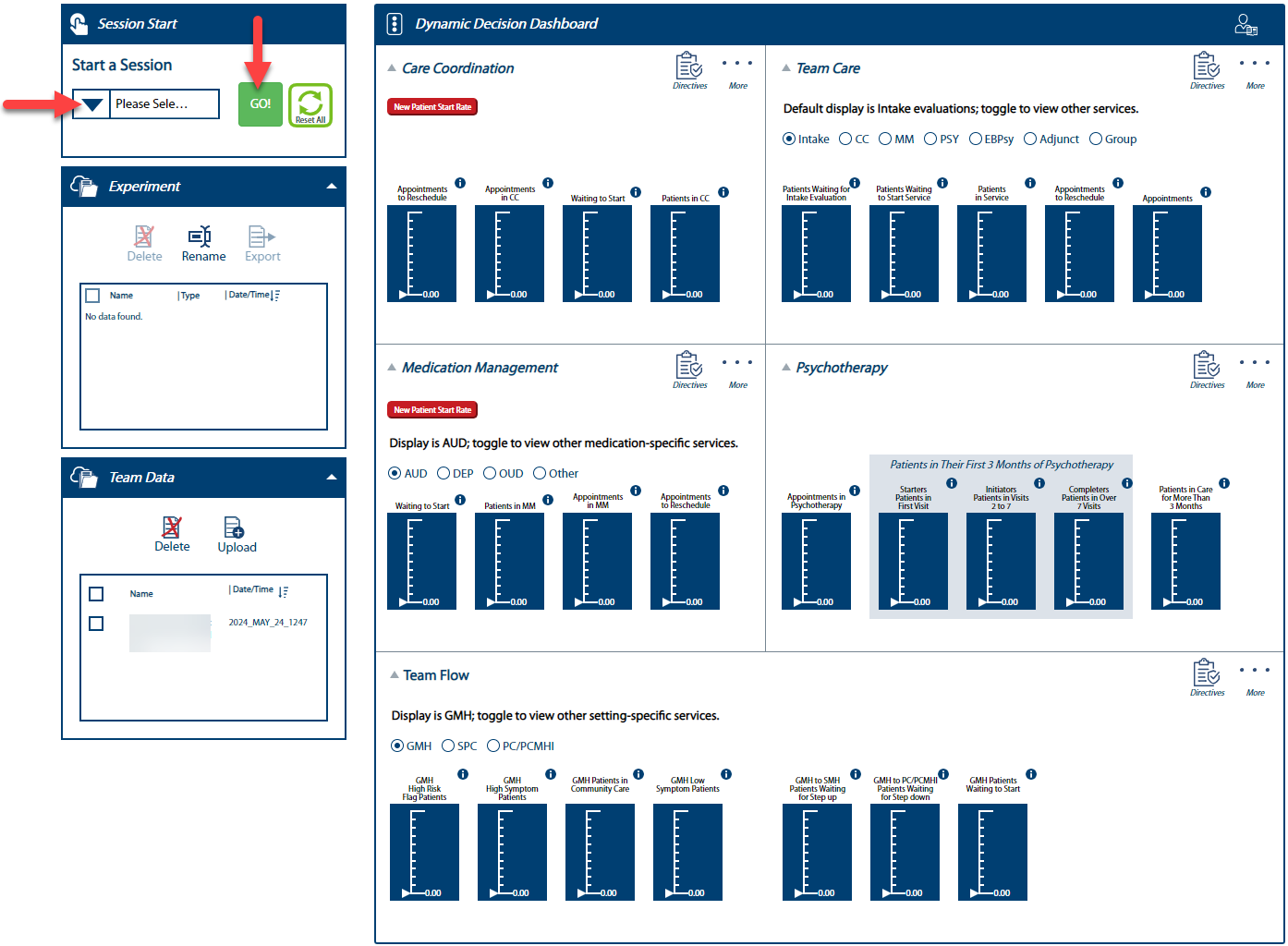 Image of team Home page with arrows showing how to begin a session.