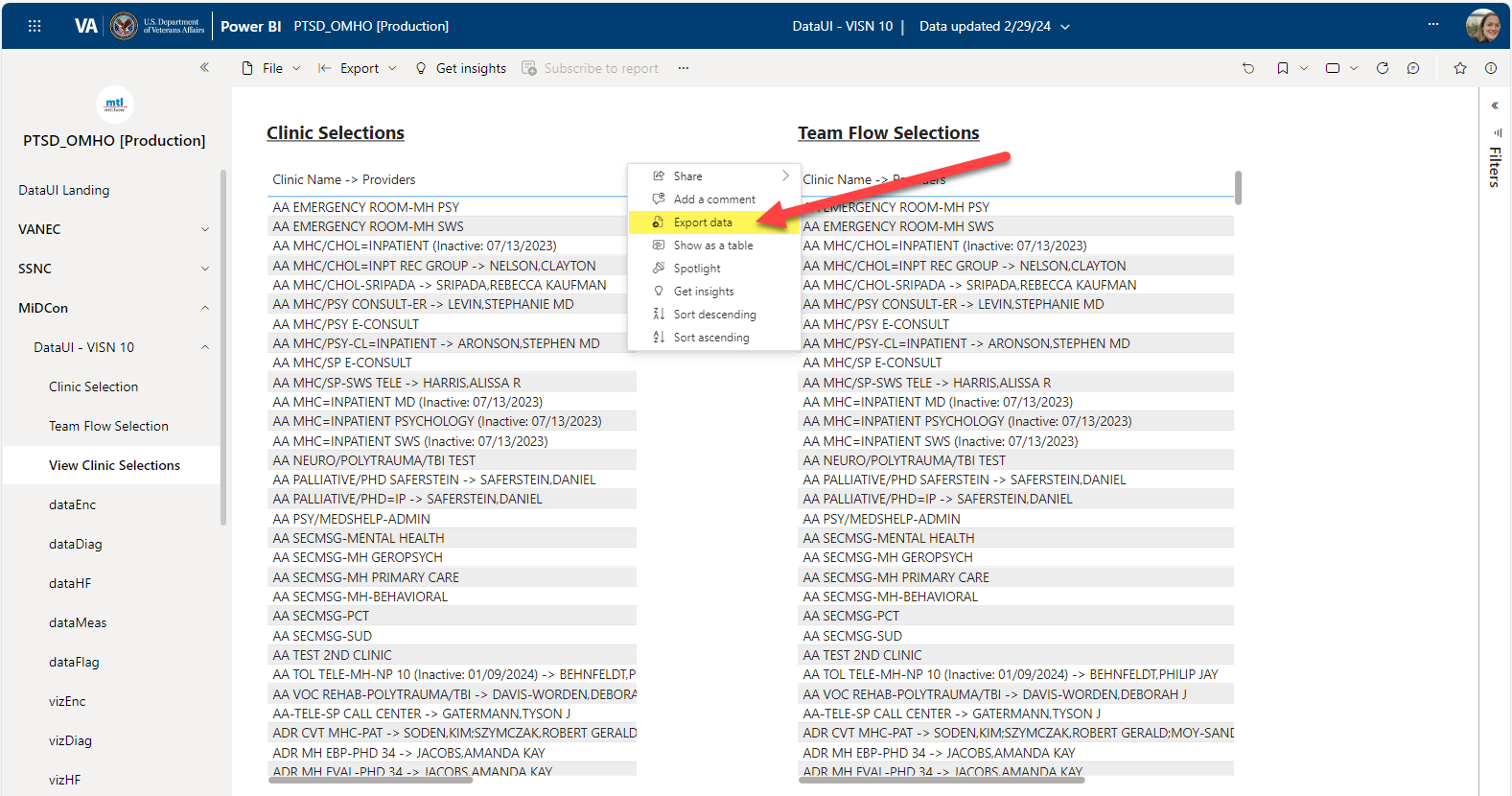 Image of highlighted Export data option.