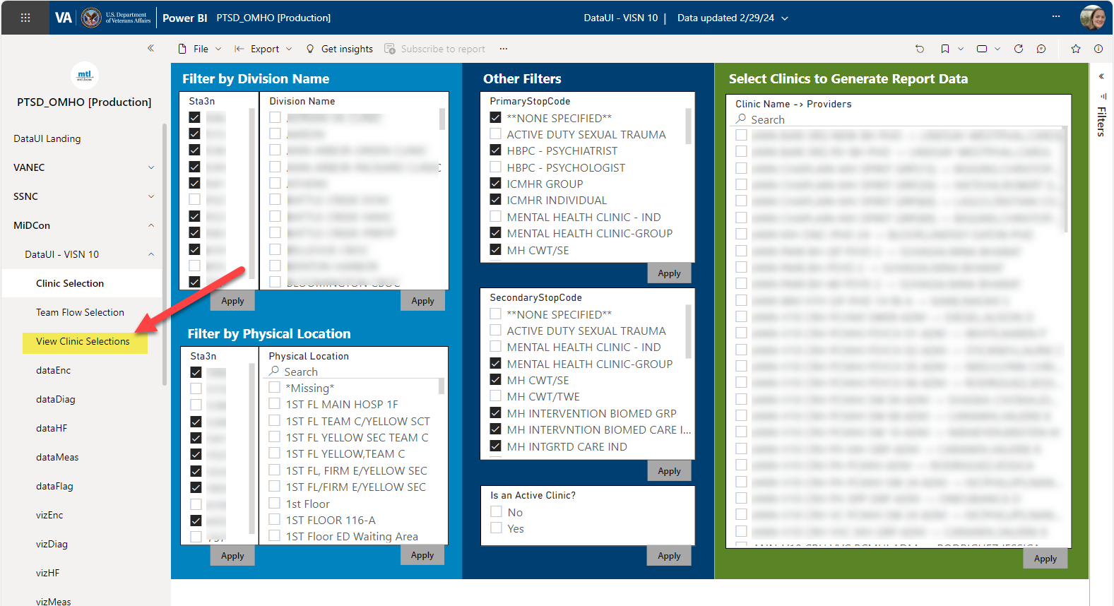 Image of View Clinic Selections tab shown in the left-hand navigation pane.