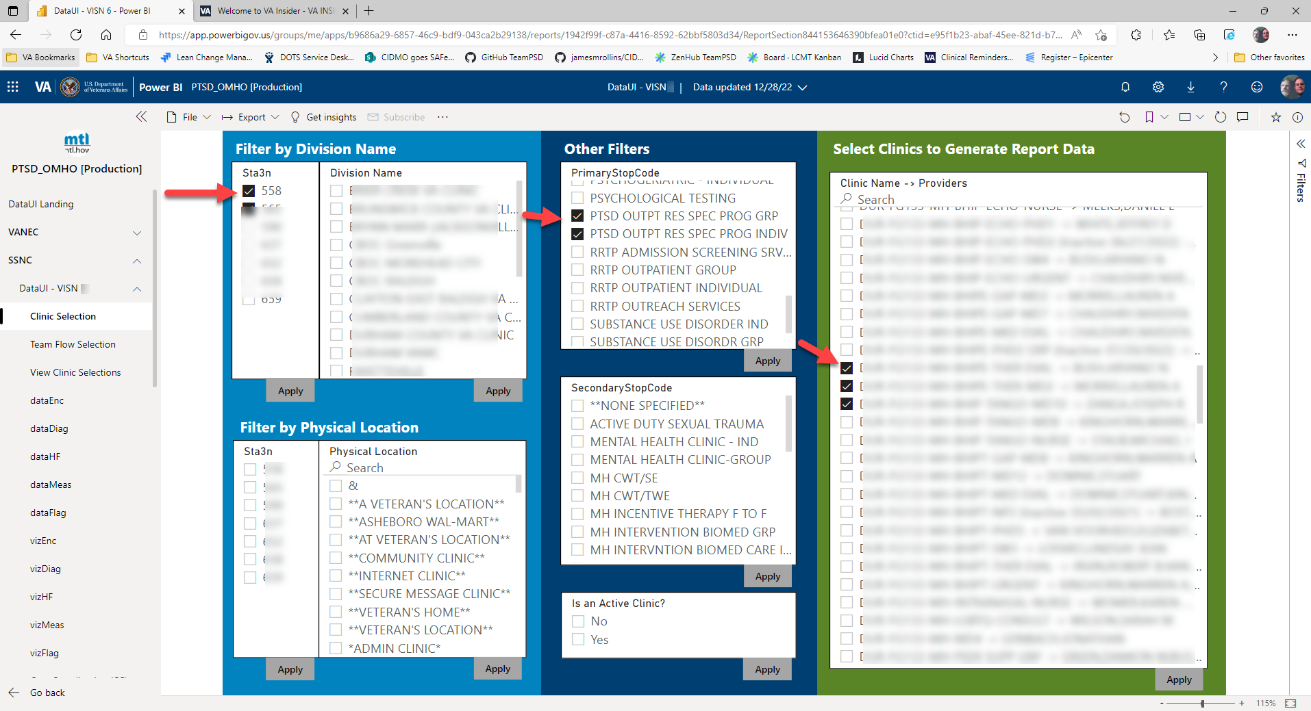 Image of Clinic Selection window with arrows pointing to possible filters.