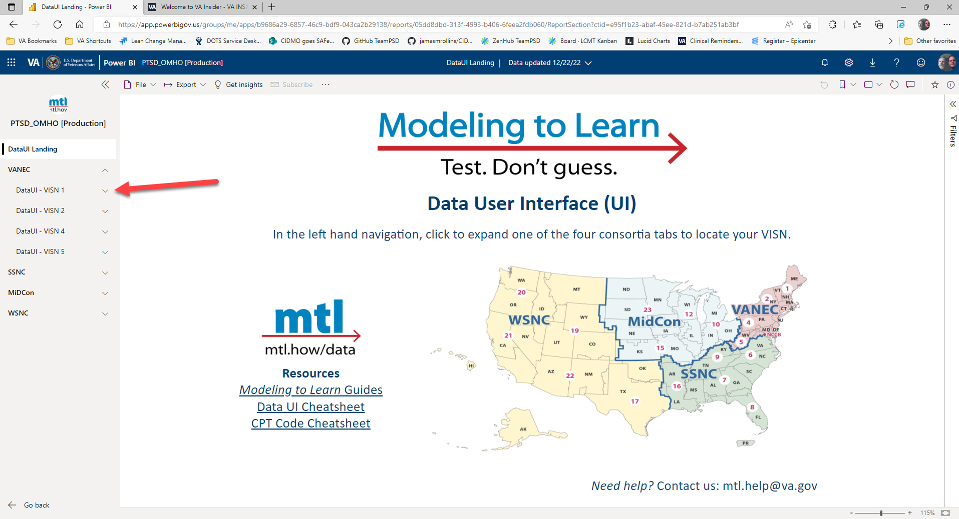 Image of _Modeling to Learn_ Data UI home page with an arrow pointing to left-hand navigation pane.