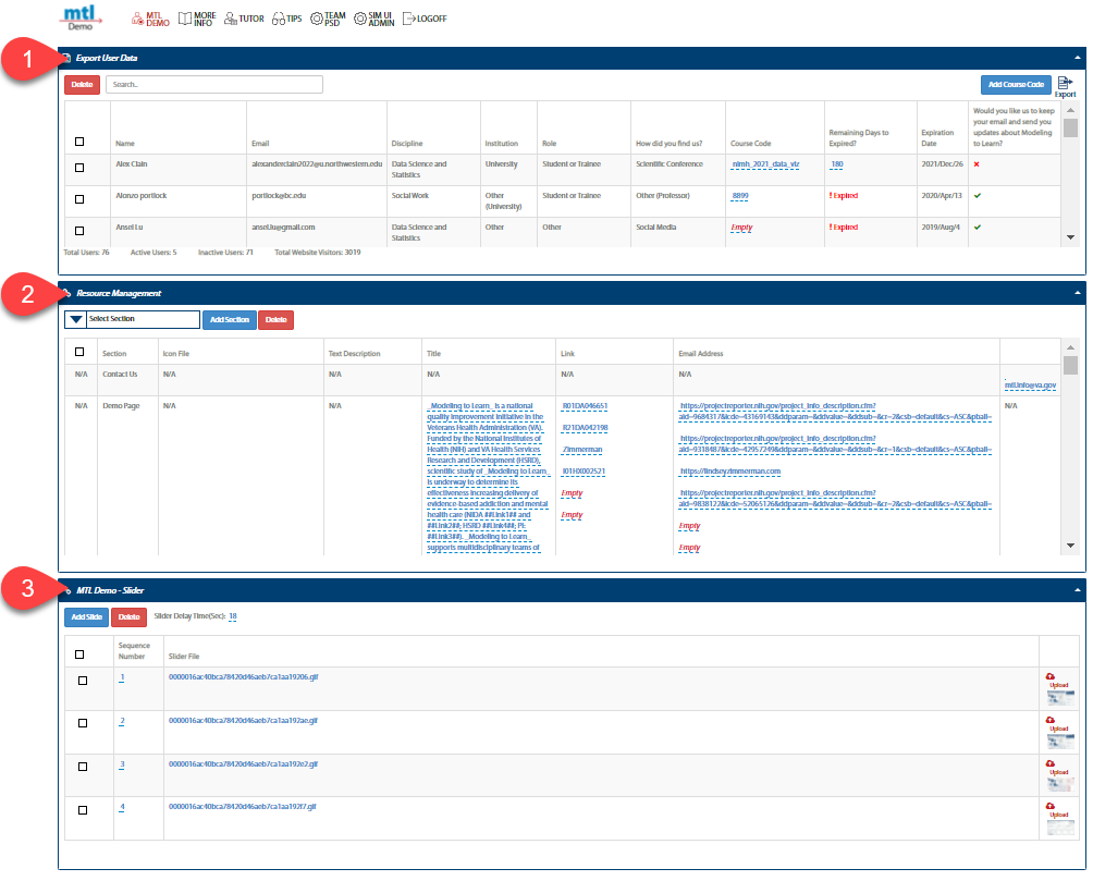 Image of the MTL Demo Admin webpage.