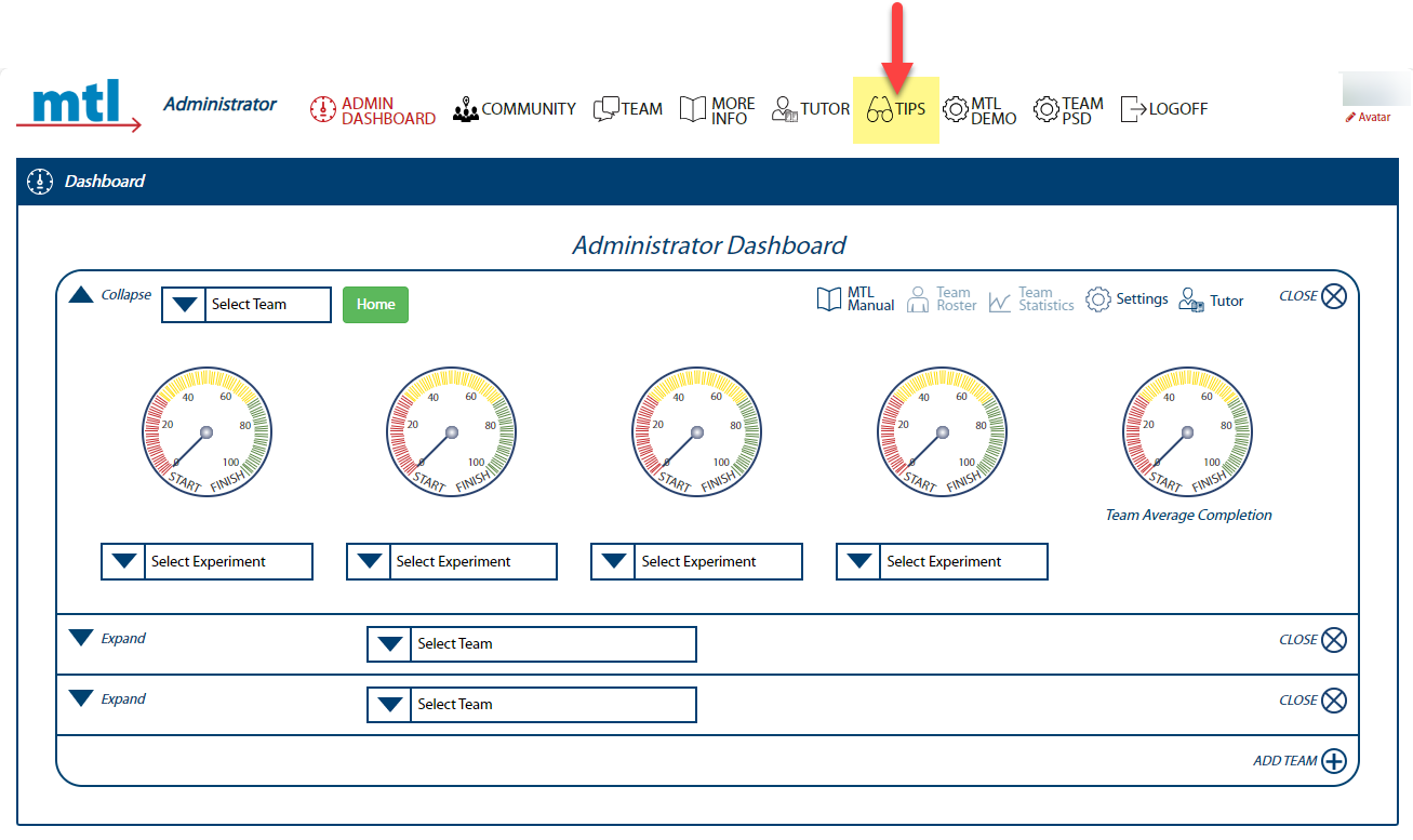 Image of Administrator Dashboard with the Tips icon highlighted in the top navigation bar.