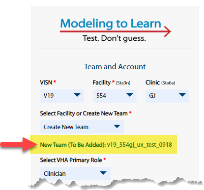 Image of registration form with arrow pointing at the new team name to be added.