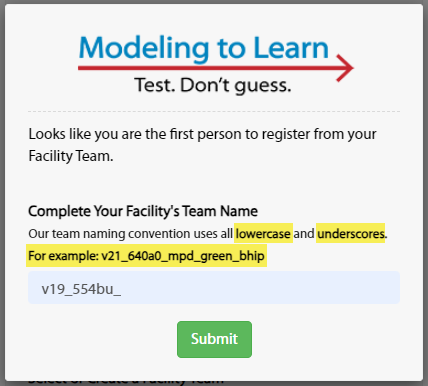 Image of complete your facility's team name window.