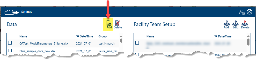 Image of highlighted Add button within Data side of Settings pop-up.