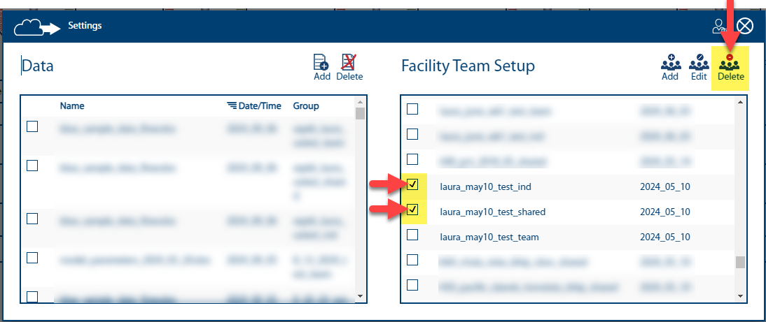 Image of selected teams highlighted and arrow pointing at the Delete button.