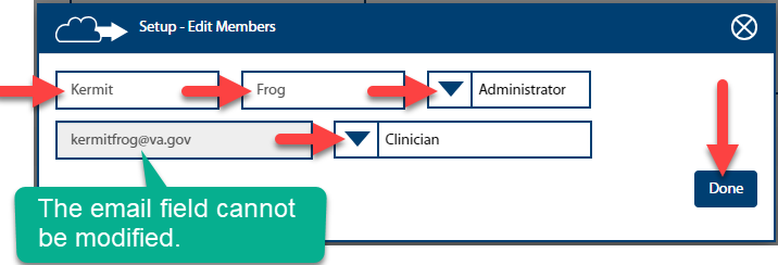 Image of Setup - Edit Members pop-up with arrows pointing at fields to complete.