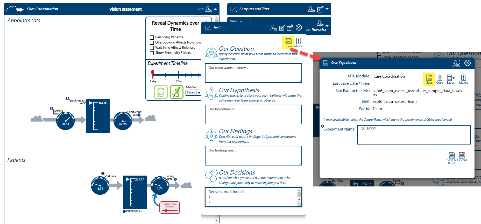 Image of Sim UI Q/H/F/D save icon highlighted and a breakout image showing the Save Experiment pop-up with save icon highlighted.