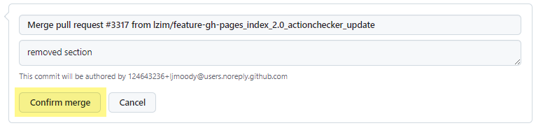 Image of in-process pull request with confirm merge button highlighted.