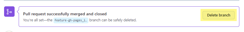 Image of button to delete the feature branch from a pull request.