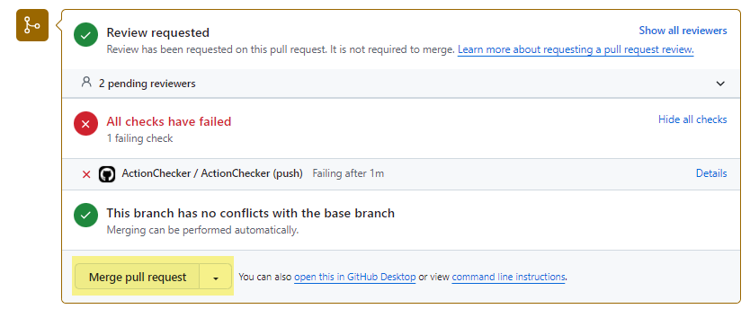 Image of in-process pull request with merge pull request button highlighted.