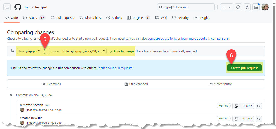 Image showing last two steps of a pull request.