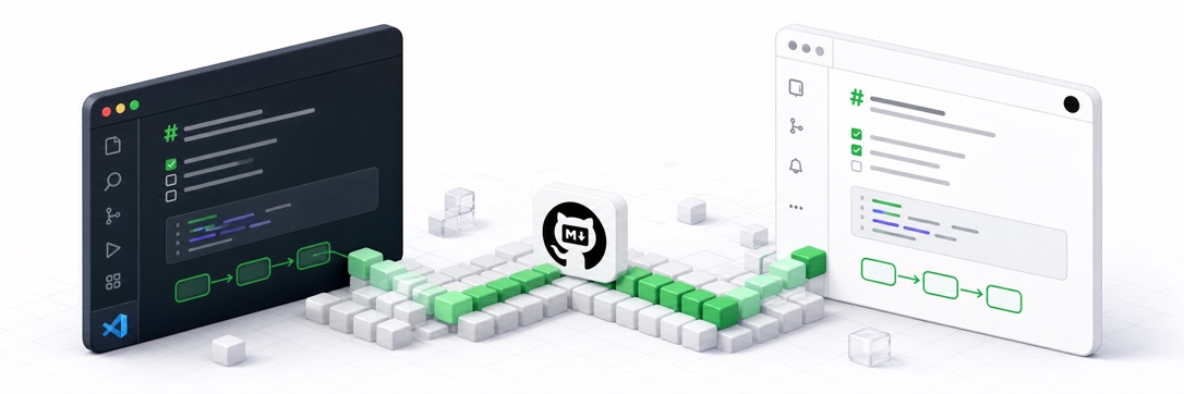 Isometric Markdown source and GitHub preview connected by green contribution blocks
