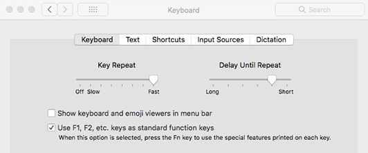 Keyboard preferences enabling standard function keys