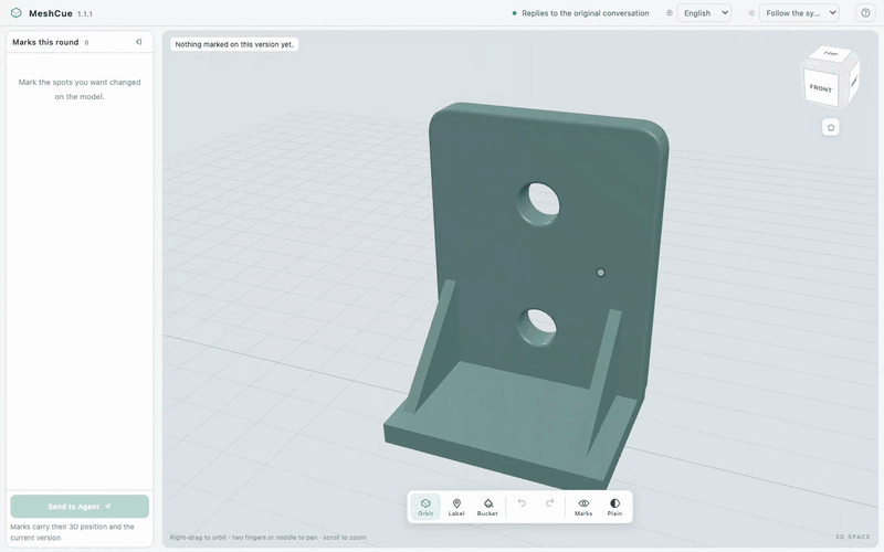 A reviewer turns a bracket with the right mouse button, drops lettered pins A and B on two surfaces, fills a face with the paint bucket, and presses Send to Agent