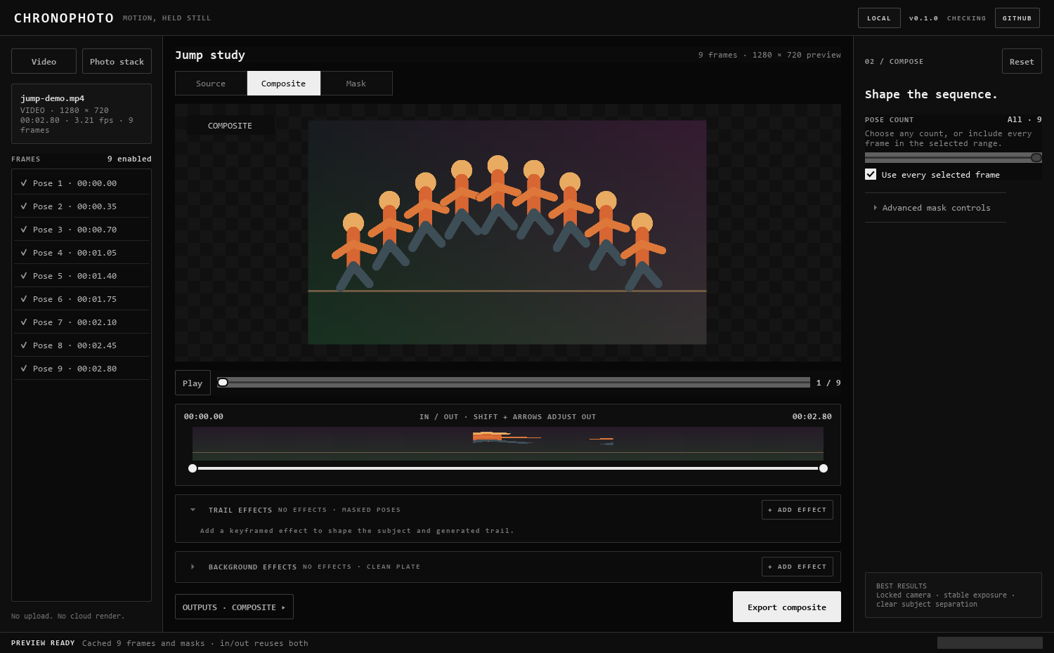 Chronophoto desktop workspace with source frames, composite preview, timeline, and export controls