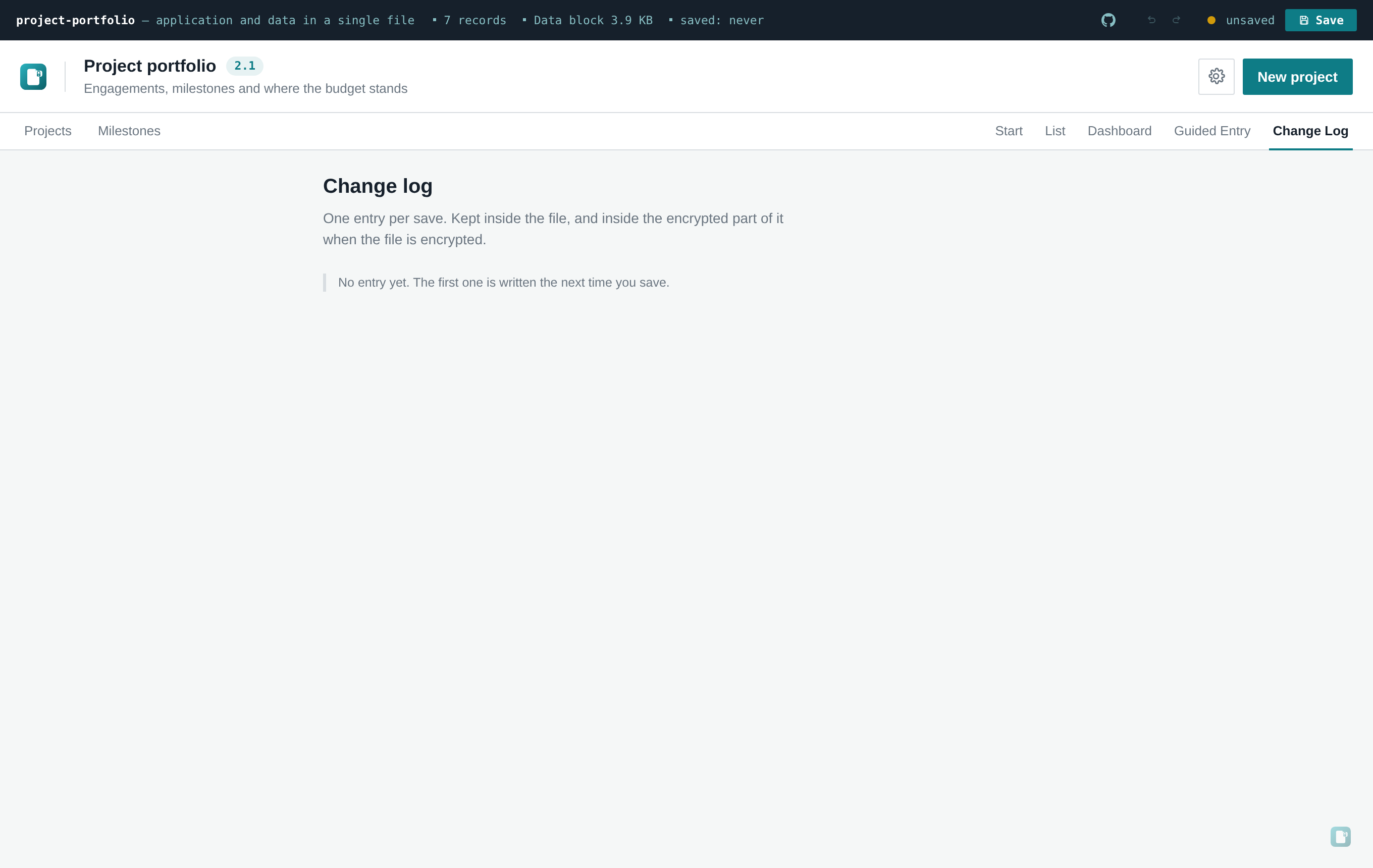 The change log view