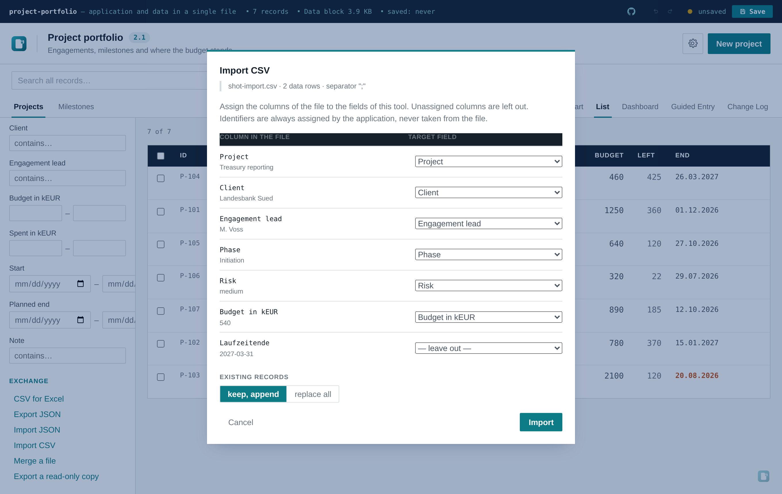 CSV import with column mapping