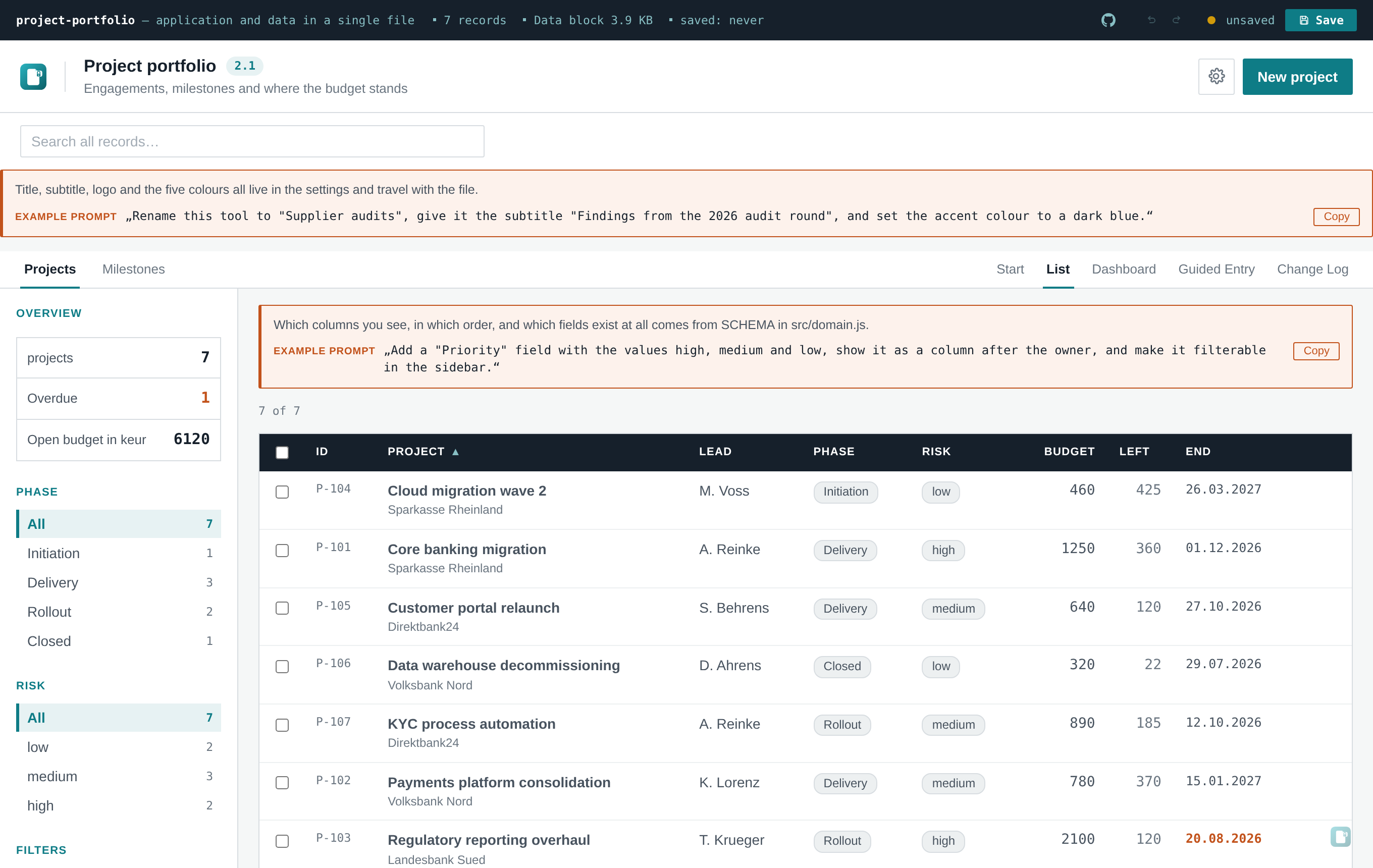 Example prompt boxes in the list view