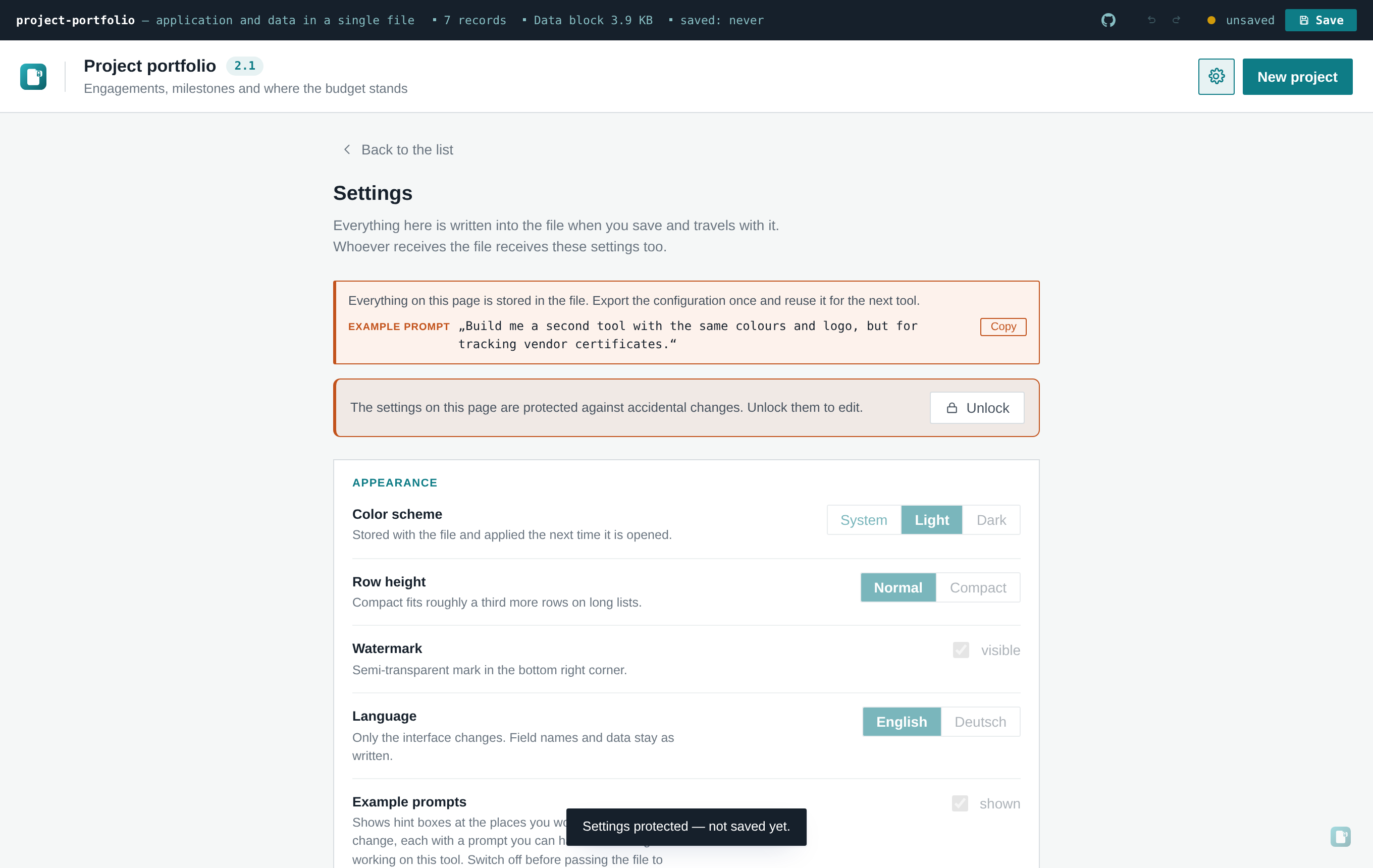 The settings page with the protection switched on
