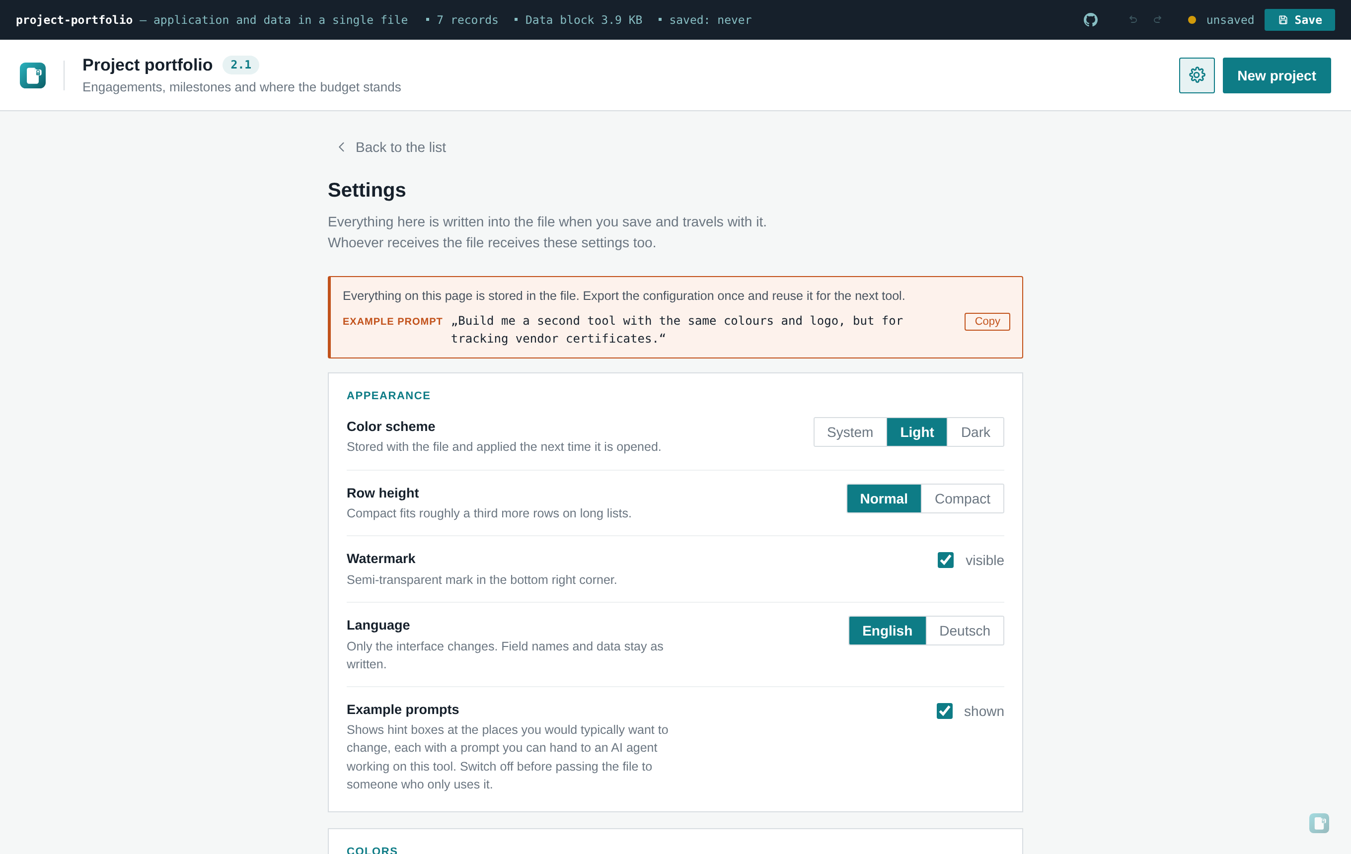 The settings page