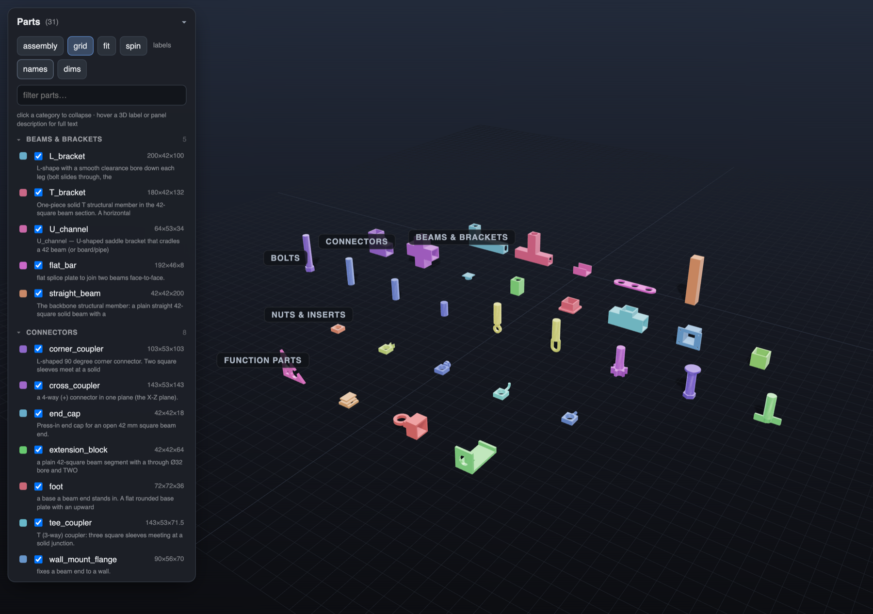 The parts before export, modeled and verified with the companion 3d-print-modeling skill