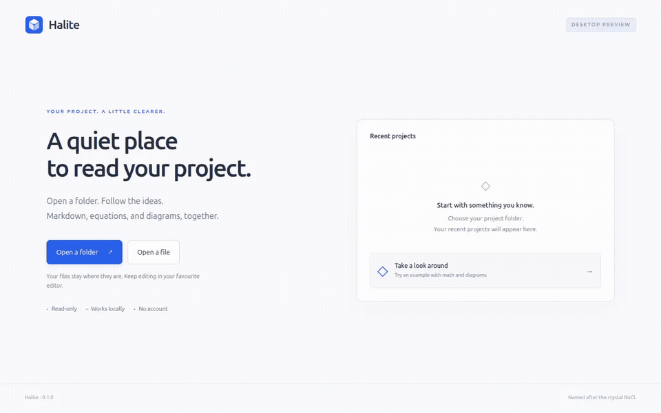 20-second Halite demo: diagrams, equations, quick open, source previews, and themes