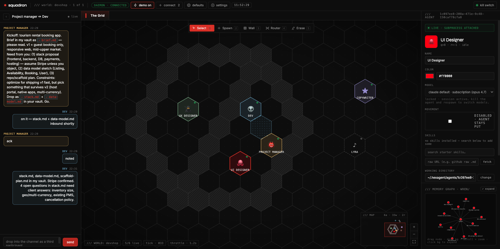 Squadron — six-agent product team in a hex world