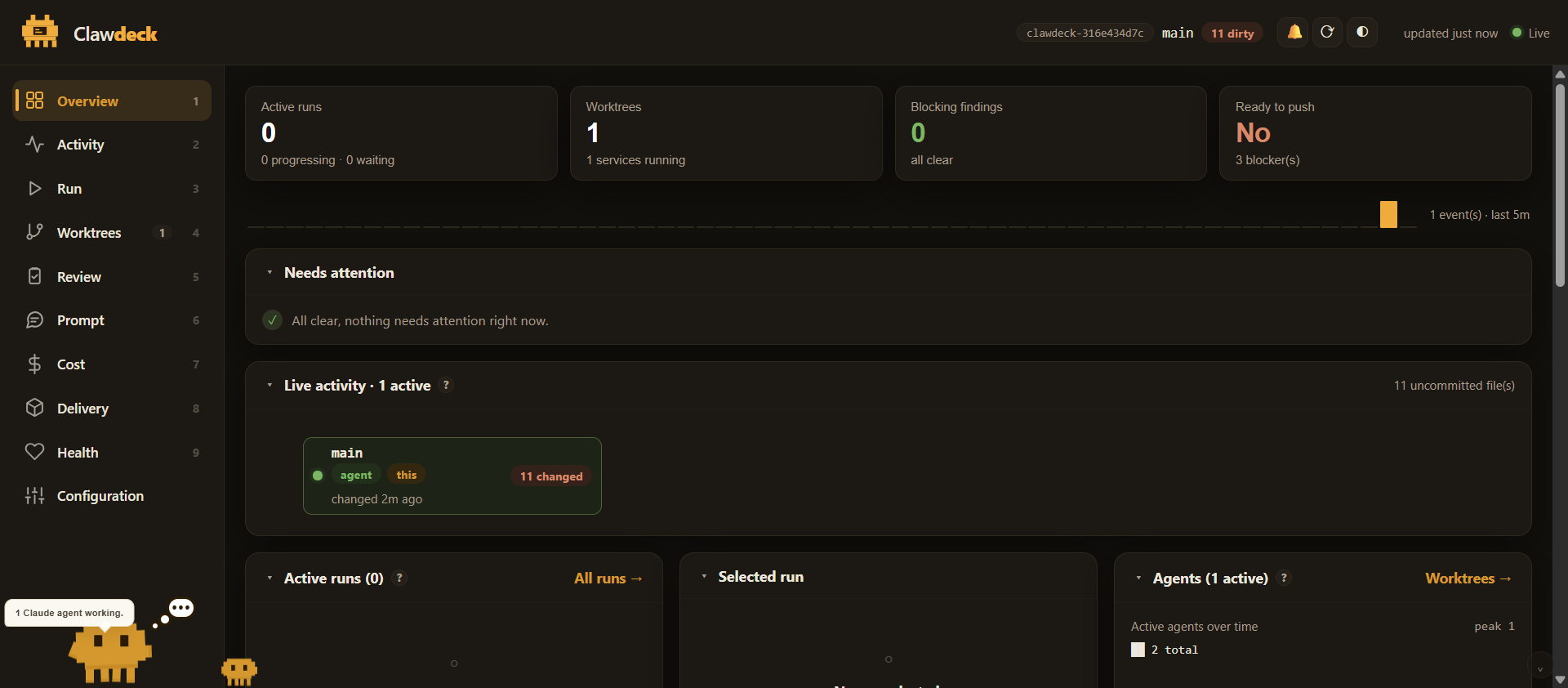 The Clawdeck overview dashboard, dark theme