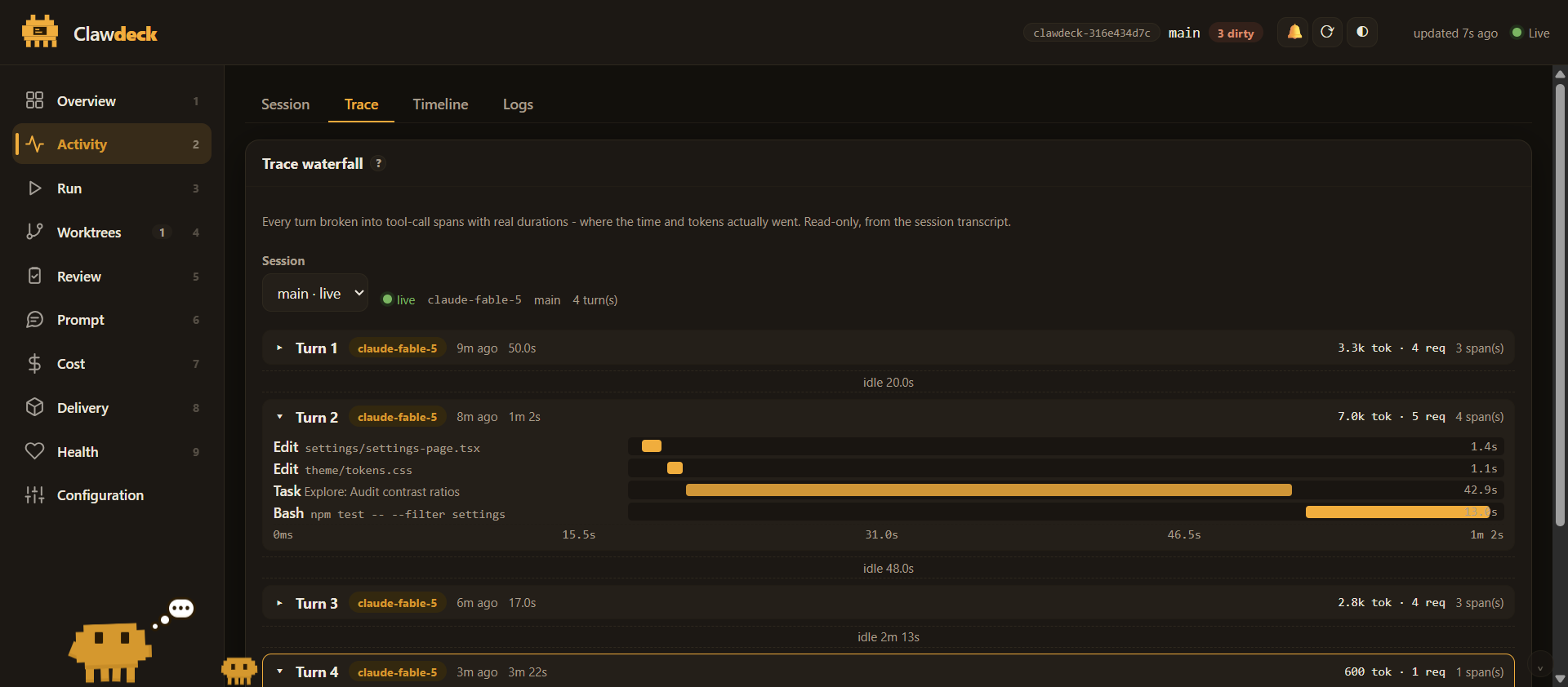 Trace waterfall: turns with tool-call spans on a timeline