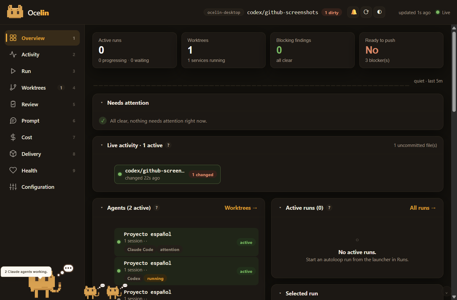Project overview dashboard, dark theme