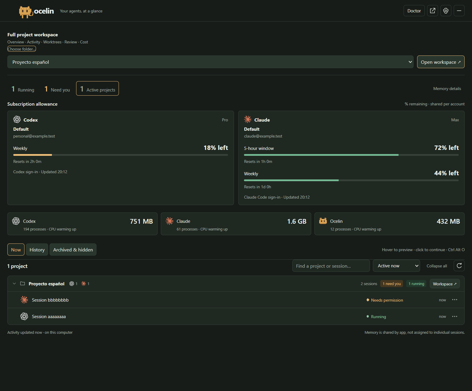 Ocelin Windows dashboard with sample Codex and Claude sessions
