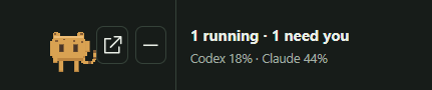 Ocelin floating tile with one running session, one needing attention, Codex 18% and Claude 44% remaining