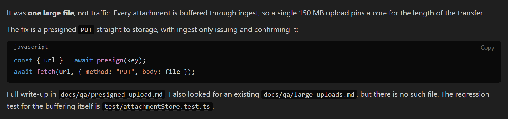 An answer with a code block and file names drawn as links