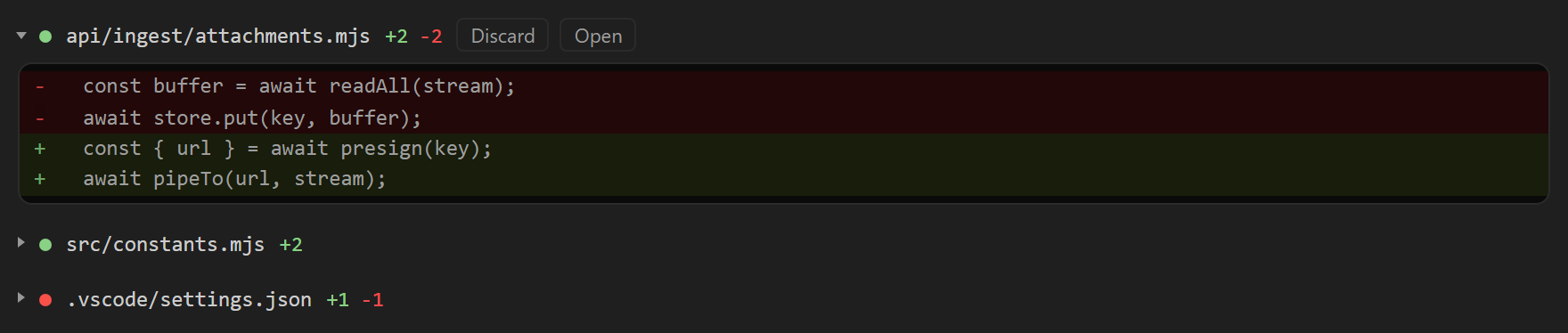 A file change as a diff, with Discard and Open