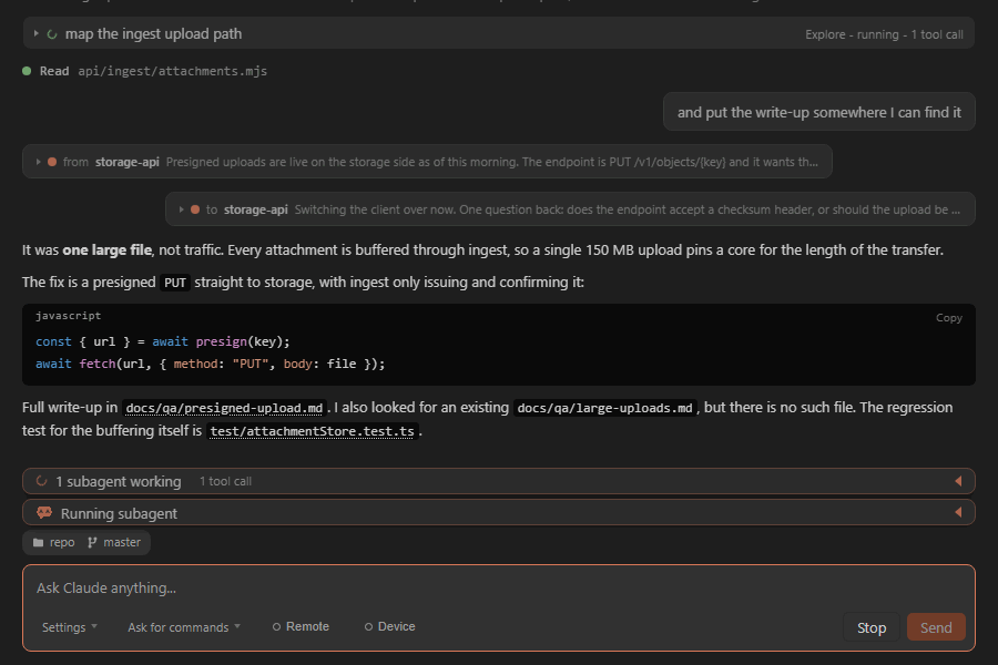Asking a question, then the subagent tree filling in, a workflow opening to show each of its agents with its model and tokens, and the plan pinning above them