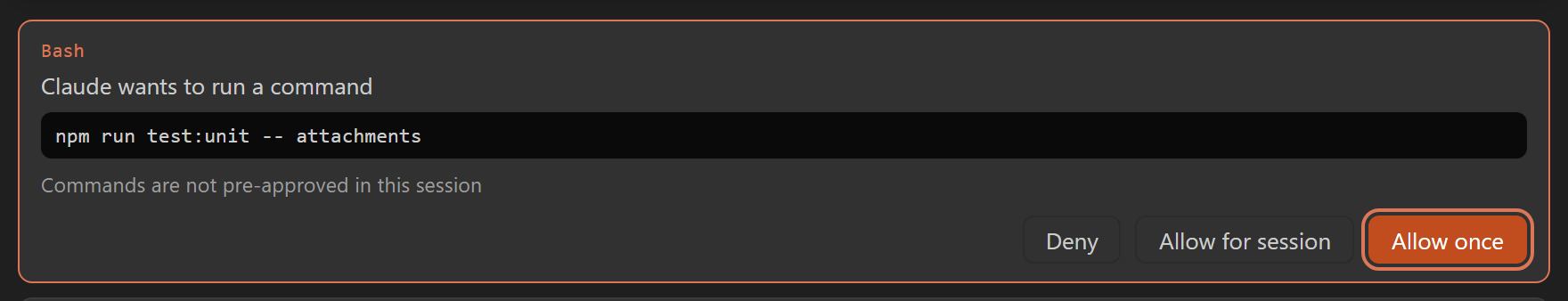 A permission card asking before a command runs