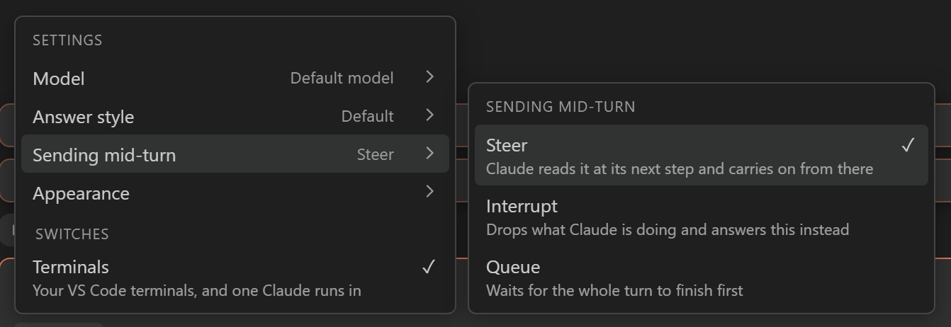 The Sending mid-turn menu, with Steer, Interrupt and Queue