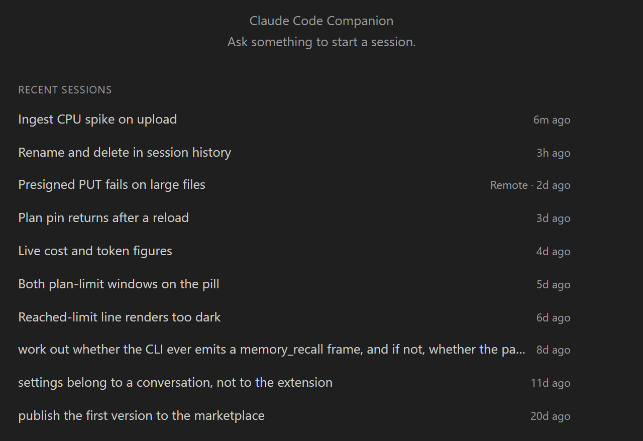 The opening screen, listing recent sessions