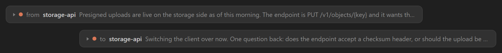 A message from another Claude session, and the reply going back