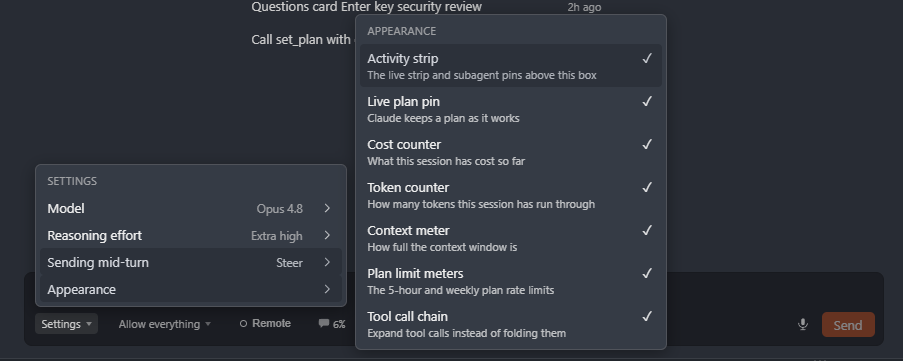 The Appearance menu, with a switch for each part of the panel