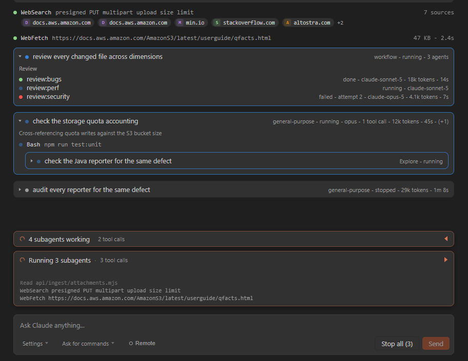 The subagent tree, with running and finished agents and a Stop all button