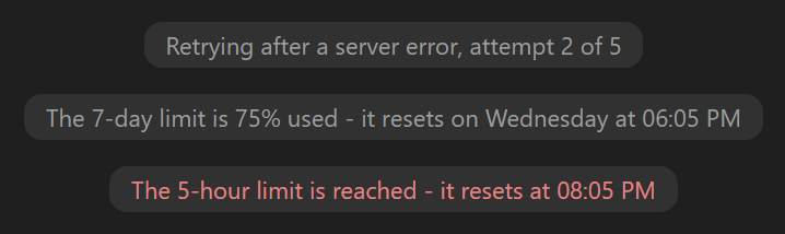 Lines saying it is retrying, and when each limit resets