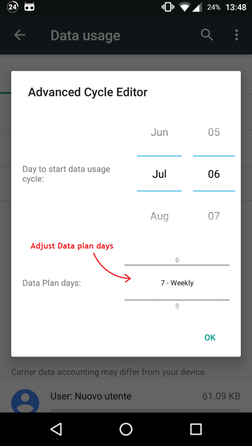 Screenshot mit Optionen zum Festlegen des Datenabrechnungszyklus und der Zykluslänge in Tagen