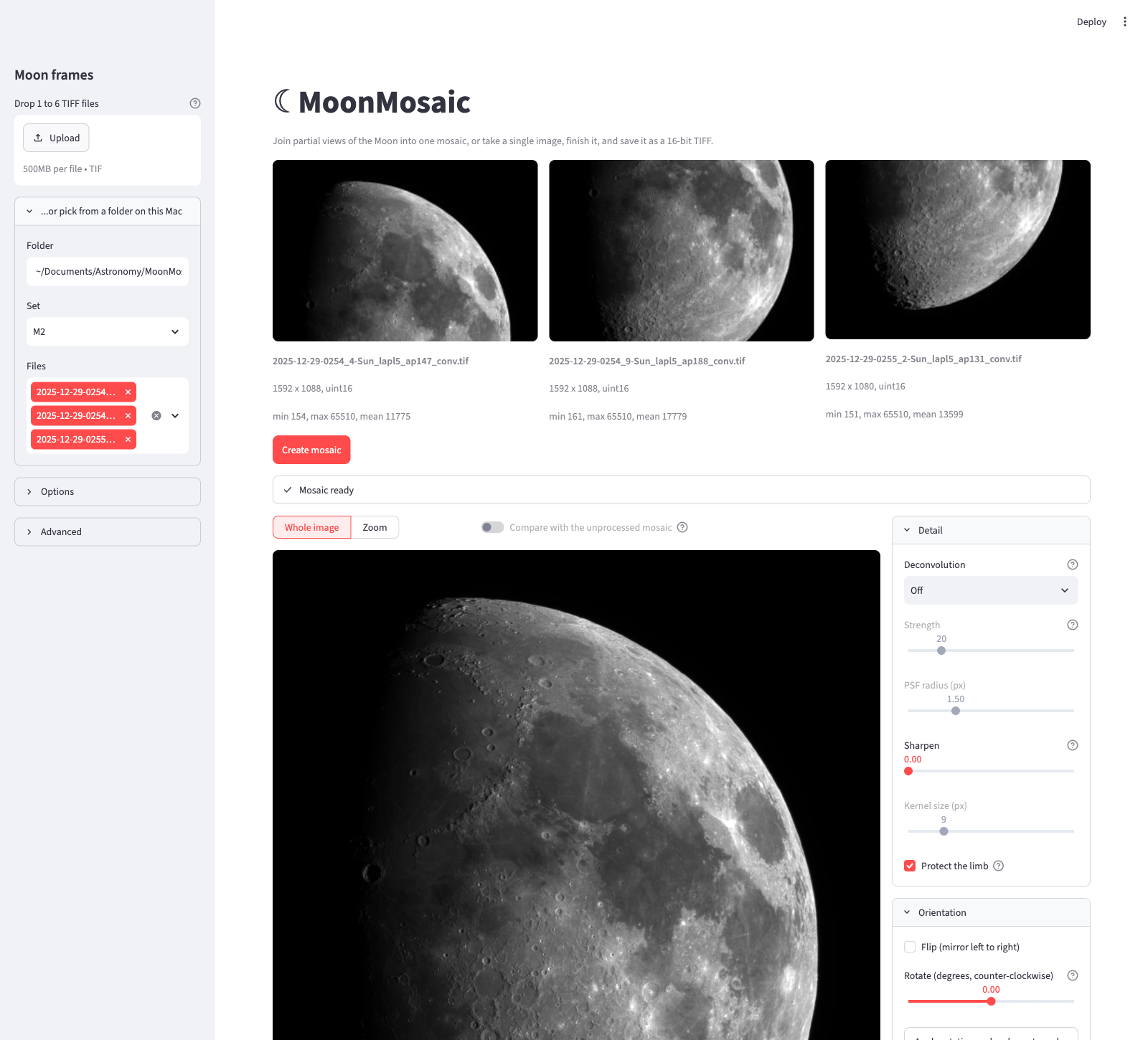 MoonMosaic in the browser: three frames joined into one mosaic, with the Finish panel beside it