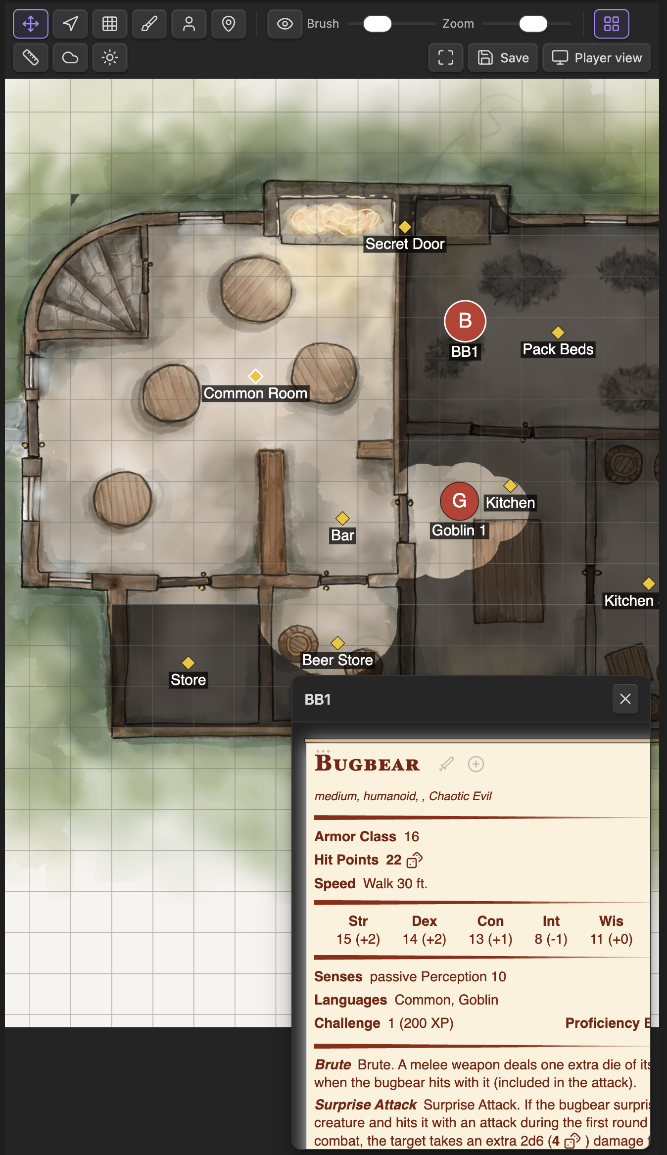 DM view with statblock panel open